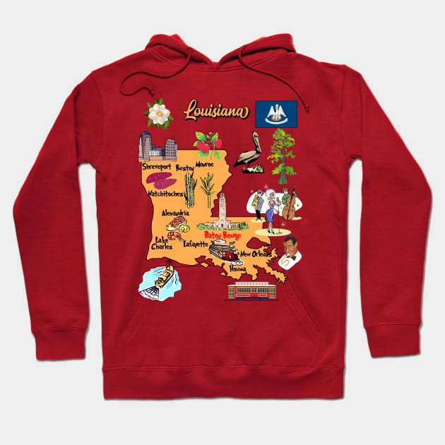 tourist map of Louisiana state, USA, major cities, flag and landmarks Hoodie by Mashmosh